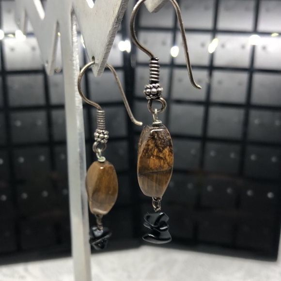 Artisan handcrafted sterling silver tiger's eye earrings boho dangle drop long - Picture 1 of 6